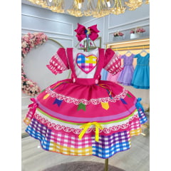 Vestido Infantil Junino Caipira Arraiá Pink Colorido Luxo