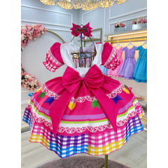 Vestido Infantil Junino Caipira Arraiá Pink Colorido Luxo