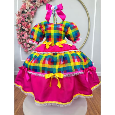 Vestido Infantil Junino Caipira Arraiá Pink Xadrez Colorido Laços