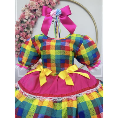 Vestido Infantil Junino Caipira Arraiá Pink Xadrez Colorido Laços