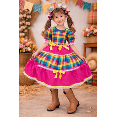 Vestido Infantil Junino Caipira Arraiá Pink Xadrez Colorido Laços