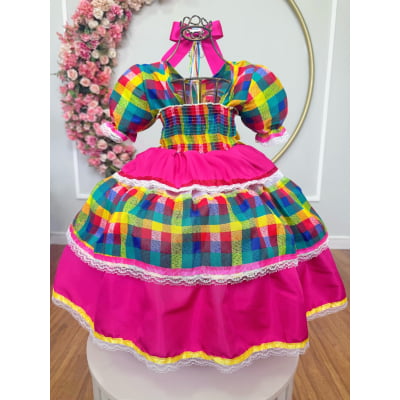 Vestido Infantil Junino Caipira Arraiá Pink Xadrez Colorido Laços