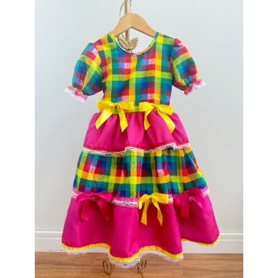 Vestido Infantil Junino Caipira Arraiá Pink Xadrez Colorido Laços