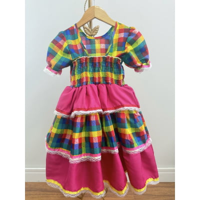 Vestido Infantil Junino Caipira Arraiá Pink Xadrez Colorido Laços