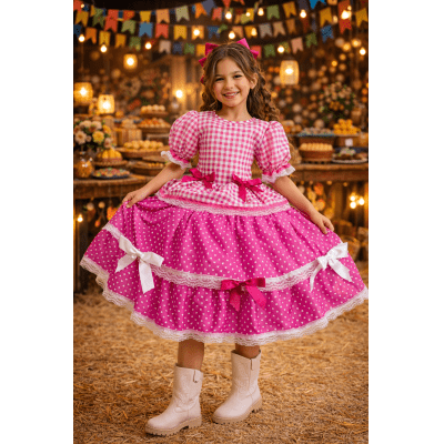 Vestido Infantil Junino Caipira Arraiá Pink Xadrez Laços Vestido Infantil Junino Caipira Arraiá Pink Xadrez Laços