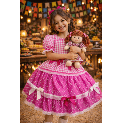 Vestido Infantil Junino Caipira Arraiá Pink Xadrez Laços