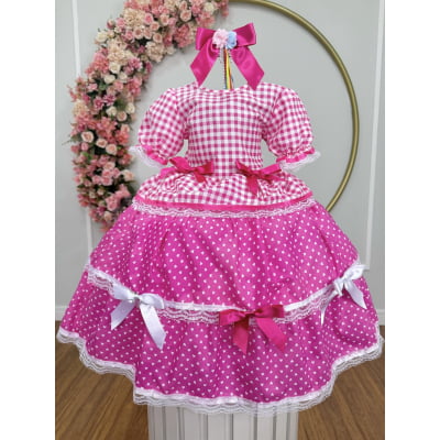 Vestido Infantil Junino Caipira Arraiá Pink Xadrez Laços