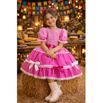 Vestido Infantil Junino Caipira Arraiá Pink Xadrez Laços