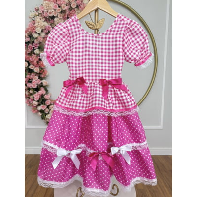 Vestido Infantil Junino Caipira Arraiá Pink Xadrez Laços
