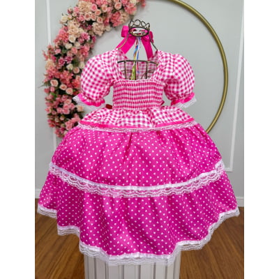 Vestido Infantil Junino Caipira Arraiá Pink Xadrez Laços