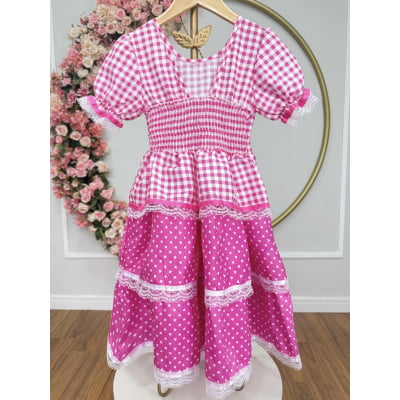 Vestido Infantil Junino Caipira Arraiá Pink Xadrez Laços