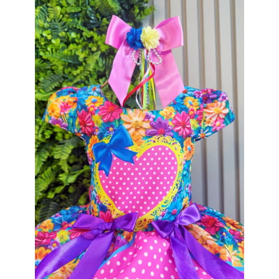 Vestido Infantil Junino Caipira Arraiá Rosa Chiclete Colorido