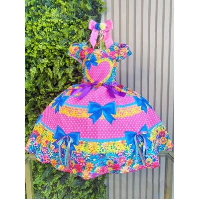 Vestido Infantil Junino Caipira Arraiá Rosa Chiclete Colorido