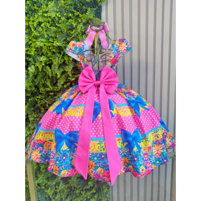 Vestido Infantil Junino Caipira Arraiá Rosa Chiclete Colorido