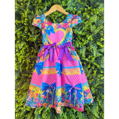 Vestido Infantil Junino Caipira Arraiá Rosa Chiclete Colorido