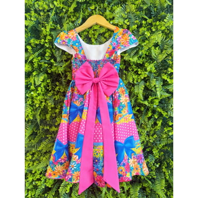 Vestido Infantil Junino Caipira Arraiá Rosa Chiclete Colorido