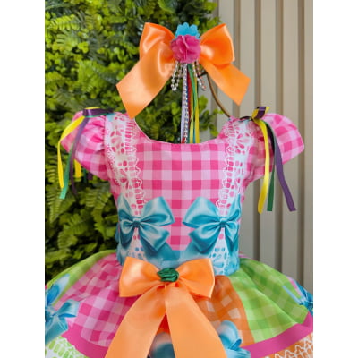 Vestido Infantil Junino Caipira Arraiá Rosa Colorido