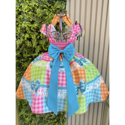 Vestido Infantil Junino Caipira Arraiá Rosa Colorido