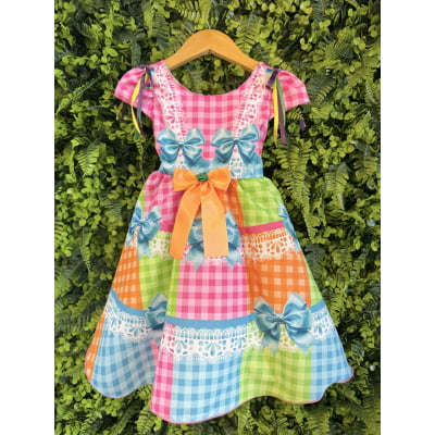 Vestido Infantil Junino Caipira Arraiá Rosa Colorido
