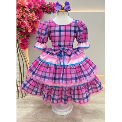 Vestido Infantil Junino Caipira Arraiá Rosa Xadrez Colorido