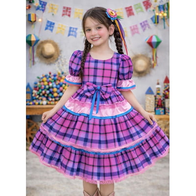 Vestido Infantil Junino Caipira Arraiá Rosa Xadrez Colorido