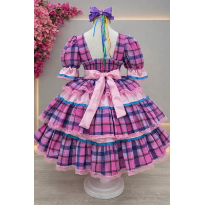 Vestido Infantil Junino Caipira Arraiá Rosa Xadrez Colorido