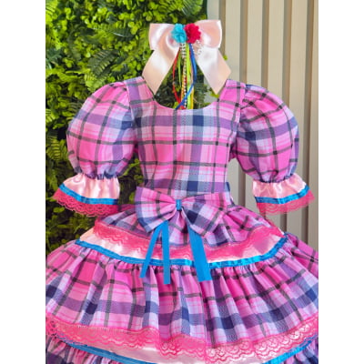 Vestido Infantil Junino Caipira Arraiá Rosa Xadrez Colorido