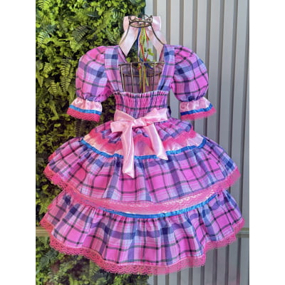 Vestido Infantil Junino Caipira Arraiá Rosa Xadrez Colorido
