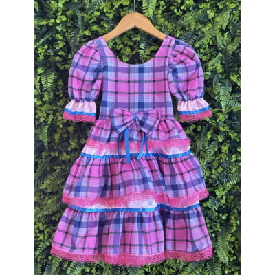 Vestido Infantil Junino Caipira Arraiá Rosa Xadrez Colorido
