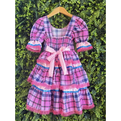 Vestido Infantil Junino Caipira Arraiá Rosa Xadrez Colorido