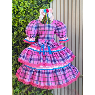 Vestido Infantil Junino Caipira Arraiá Rosa Xadrez Colorido Vestido Infantil Junino Caipira Arraiá Rosa Xadrez Colorido