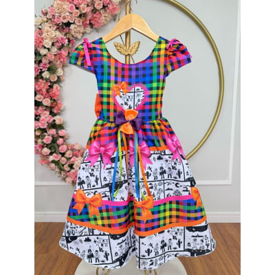 Vestido Infantil Junino Caipira Arraiá São João Xadrez Colorido