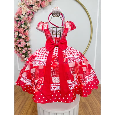 Vestido Infantil Junino Caipira Arraiá São João Xadrez Vermelho