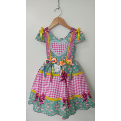 Vestido Infantil Junino Caipira Arraiá Verde e Xadrez Rosa