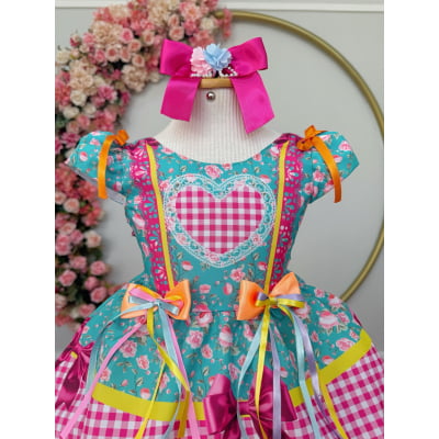 Vestido Infantil Junino Caipira Arraiá Verde e Xadrez Rosa