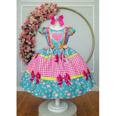 Vestido Infantil Junino Caipira Arraiá Verde e Xadrez Rosa
