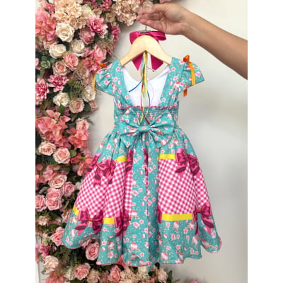 Vestido Infantil Junino Caipira Arraiá Verde e Xadrez Rosa