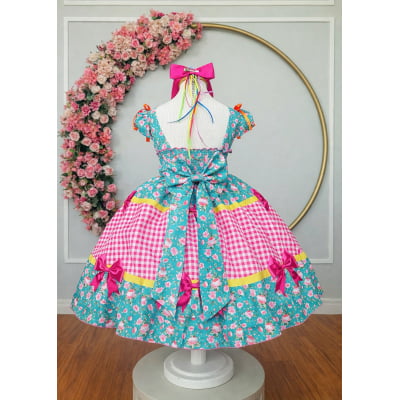 Vestido Infantil Junino Caipira Arraiá Verde e Xadrez Rosa