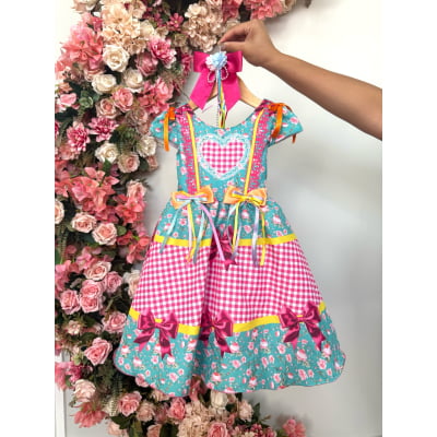Vestido Infantil Junino Caipira Arraiá Verde e Xadrez Rosa