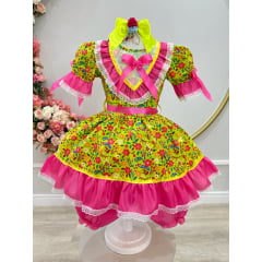 Vestido Infantil Junino Caipira Arraiá Verde Florido Colorido