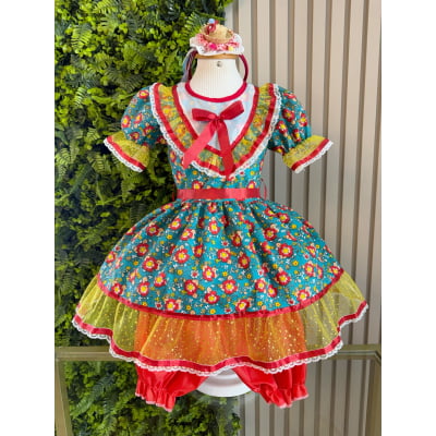 Vestido Infantil Junino Caipira Arraiá Verde Florido Colorido