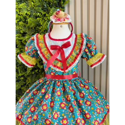Vestido Infantil Junino Caipira Arraiá Verde Florido Colorido