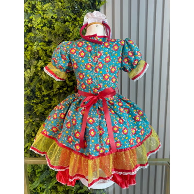 Vestido Infantil Junino Caipira Arraiá Verde Florido Colorido