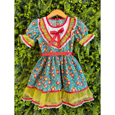 Vestido Infantil Junino Caipira Arraiá Verde Florido Colorido