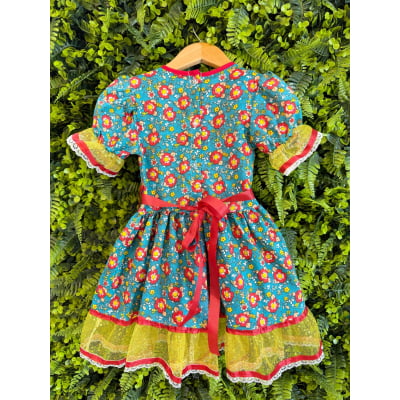 Vestido Infantil Junino Caipira Arraiá Verde Florido Colorido