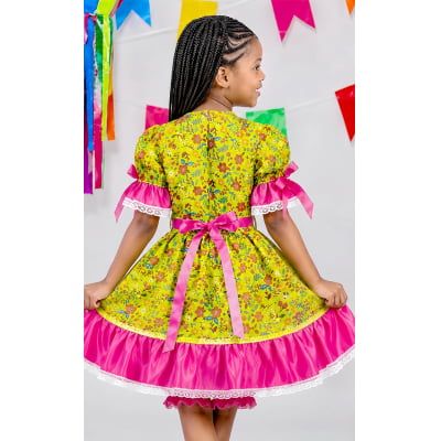 Vestido Infantil Junino Caipira Arraiá Verde e Pink Florido Colorido
