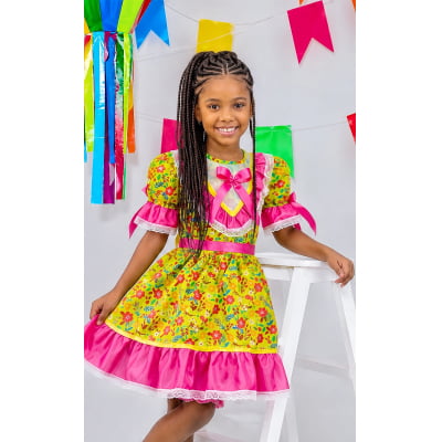 Vestido Infantil Junino Caipira Arraiá Verde e Pink Florido Colorido
