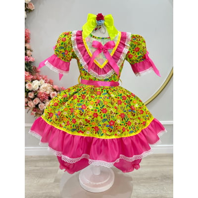 Vestido Infantil Junino Caipira Arraiá Verde e Pink Florido Colorido