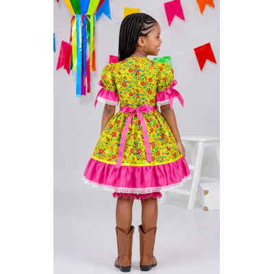 Vestido Infantil Junino Caipira Arraiá Verde e Pink Florido Colorido