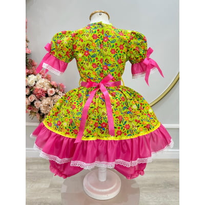 Vestido Infantil Junino Caipira Arraiá Verde e Pink Florido Colorido